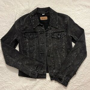 Levis Denim Jean Jacket Trucker Happy Camper Splatter Washed Black